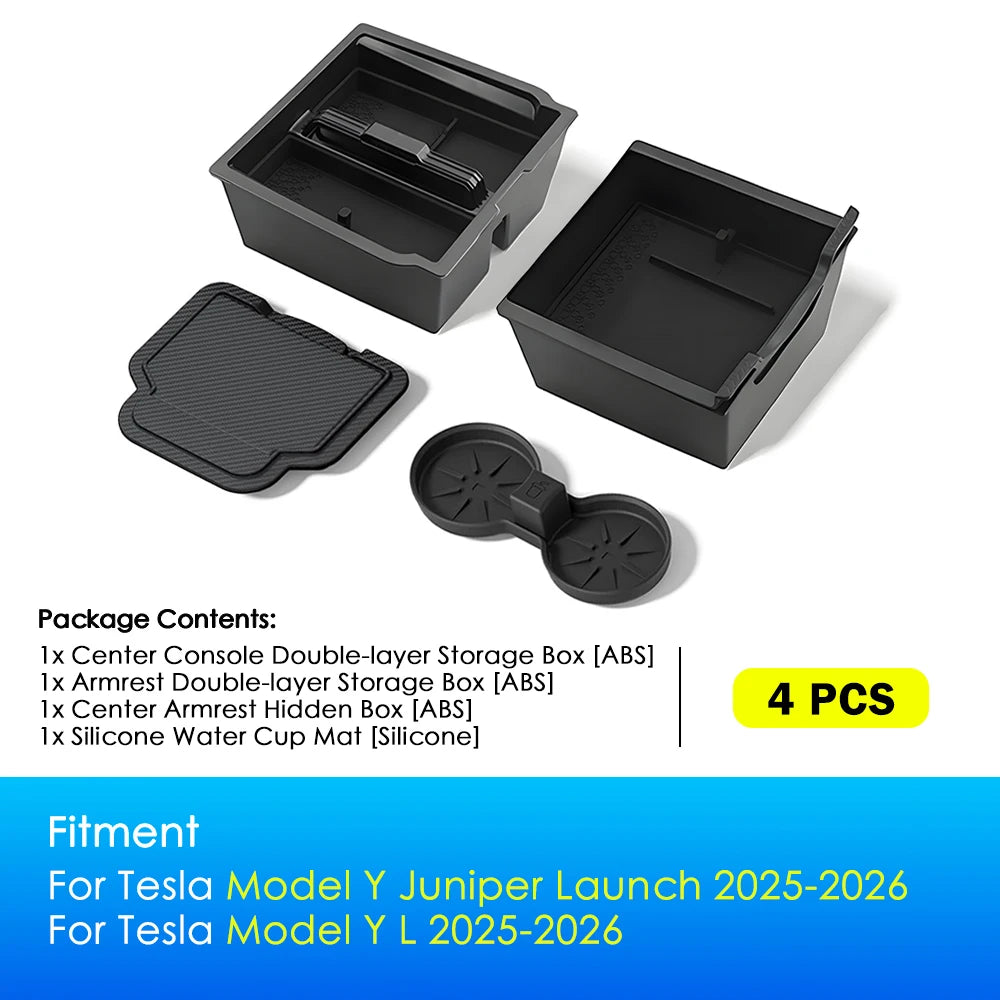 Heenvn For Tesla Model Y Juniper 2025 2026 Model YL Car Center Console Armrest Double-layer Storage Box Water Cup Mat Organizer