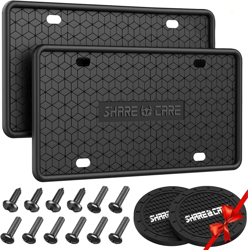 2 Pack Silicone License Plate Frame with Water Coasters | Rust-Proof Weather-Resistant for US CA Sta