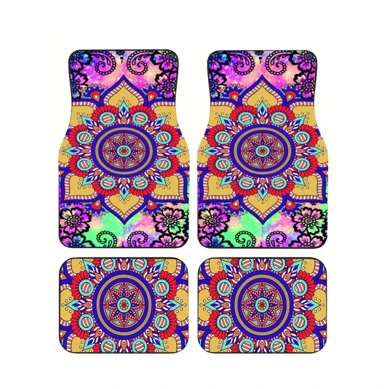 Red Bohemian Paisley Print Car Floor Mats 4Pcs Universal Anti-Slip Auto Carpet Interior detail view