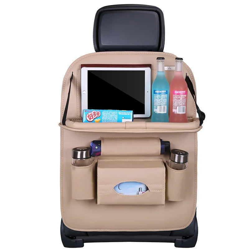 Car Seat Back Organizer PU Leather Foldable Table Tray with Storage Pockets And Kick Mat detail view
