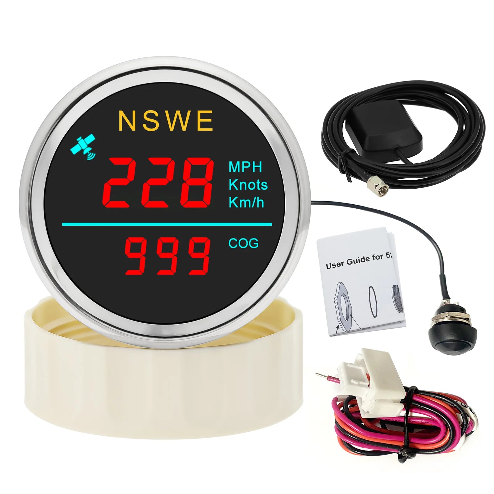 Universal 52mm LCD Digital GPS Speedometer with Antenna | MPH Knot Km/h COG Gauge for close-up view