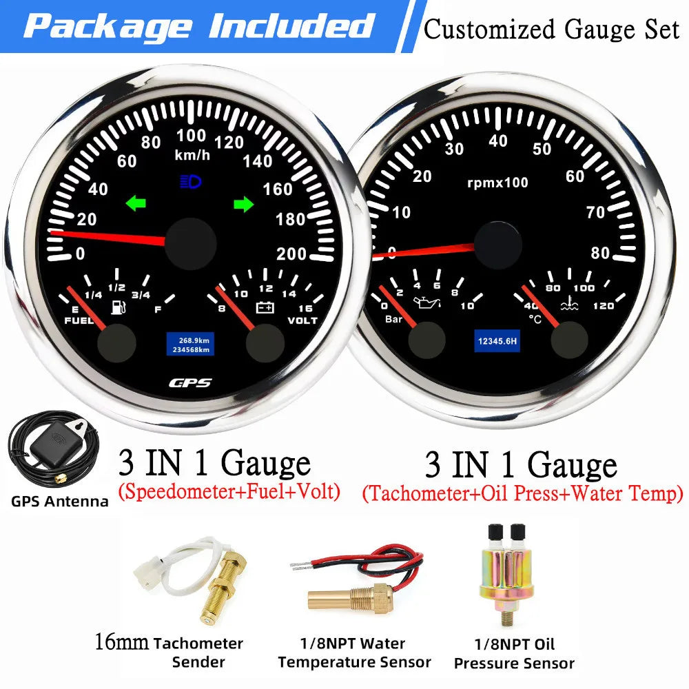 Custom 2 Gauges Set With Sensors Kit | 85mm 3-in-1 GPS Speedometer, Fuel, Tachometer, lifestyle view