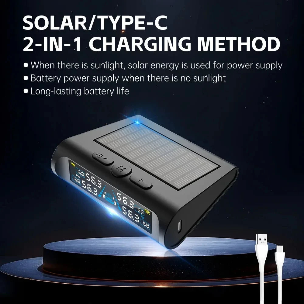 USB Solar TPMS Car Tire Pressure Monitor | 4 External Sensors Digital LCD Display 0-6. close-up view