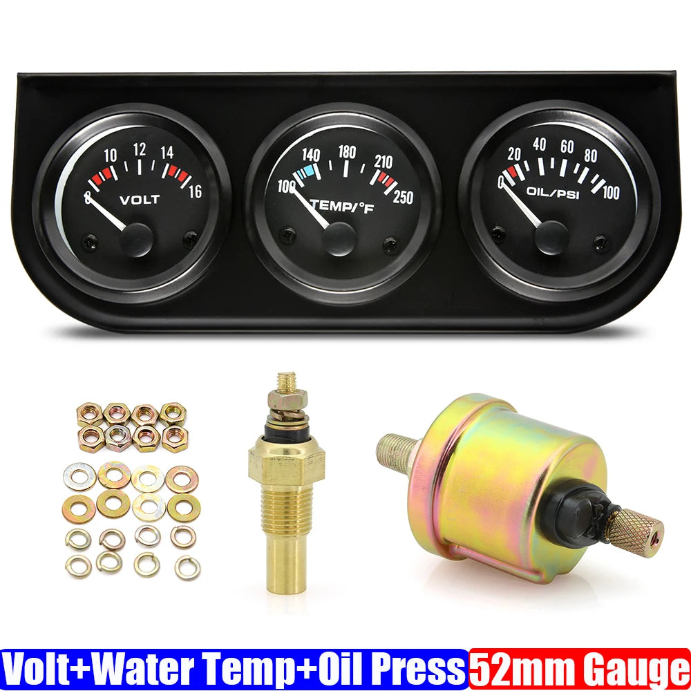 52mm Triple Gauge Kit 3 in 1 | Car Water Temp, Oil Pressure & Voltage Meter detail view