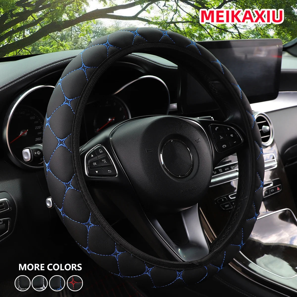 1 PU leather embroidered car steering wheel cover without inner ring fits 15 "automoti close-up view
