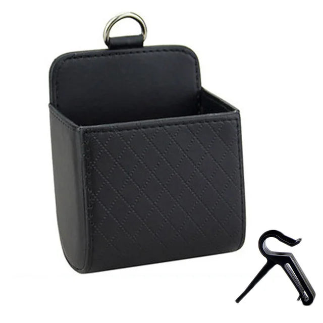 Car Air Outlet Hanging Storage Bag, Leather Dashboard Organizer for Phone, Key, Sungla close-up view