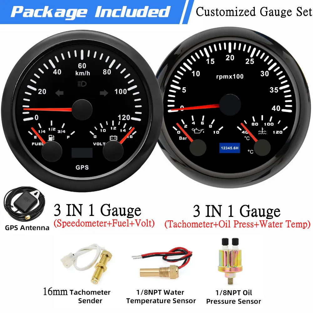 Custom 2 Gauges Set With Sensors Kit | 85mm 3-in-1 GPS Speedometer, Fuel, Tachometer, close-up view