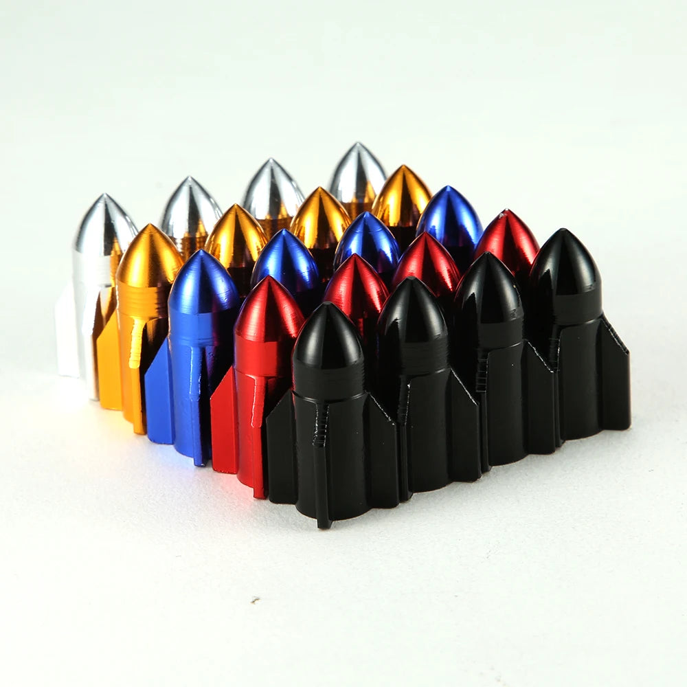 Aluminum Rocket Tire Valve Caps Set of 4 | Car and Motorcycle Alloy Valve Stem Cove additional angle