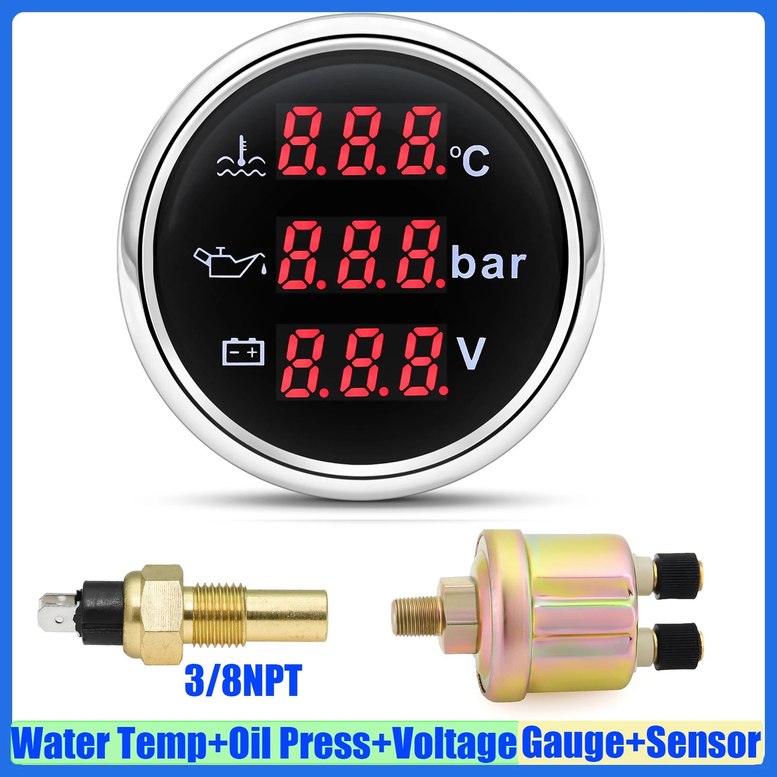 3 In 1 Digital Gauge Water Temperature Bar Oil Pressure Gauge With Alarm Voltmeter | Red detail view