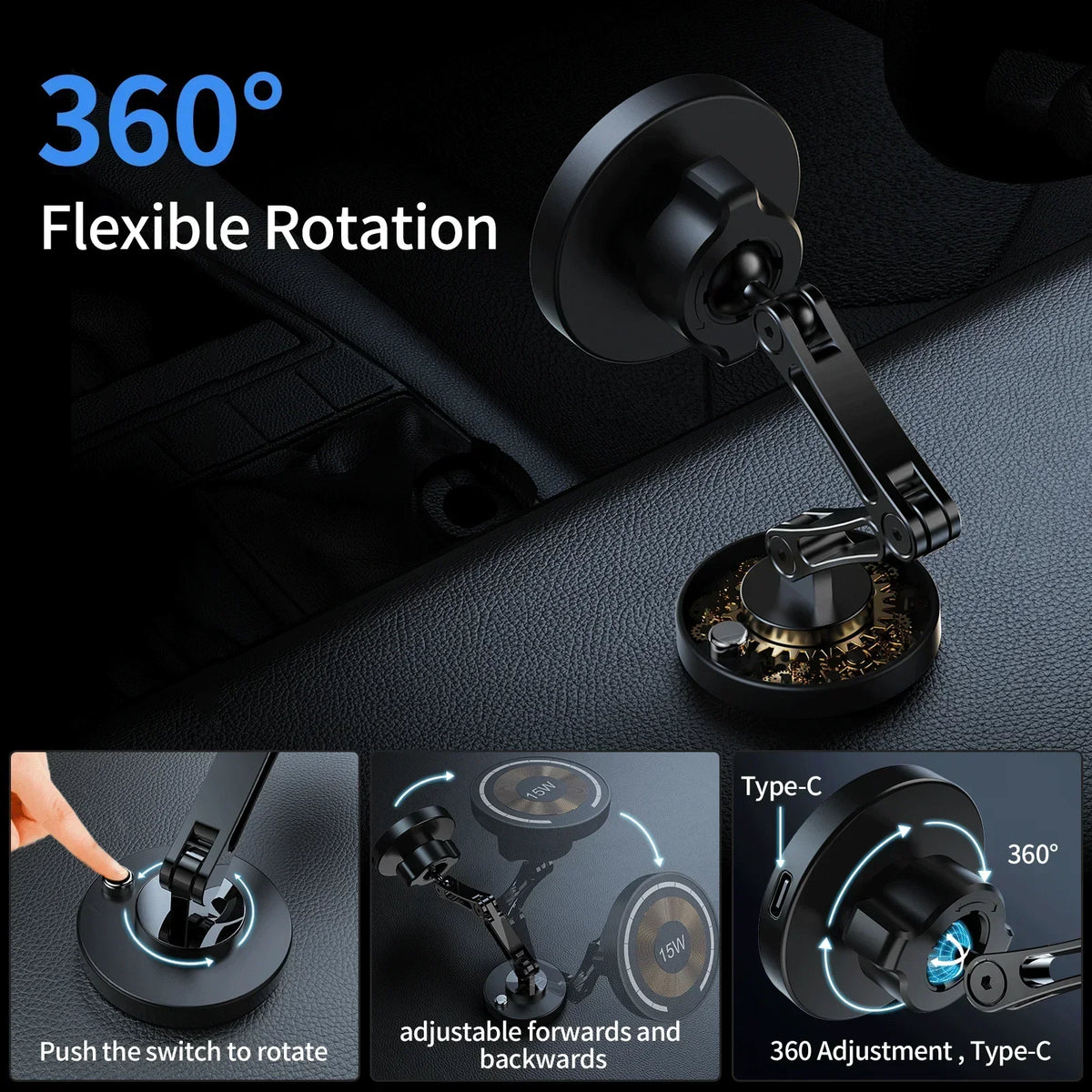15W Magnetic Car Phone Holder Mount Wireless Charger Rotation Magnetic Car Phone Stand close-up view