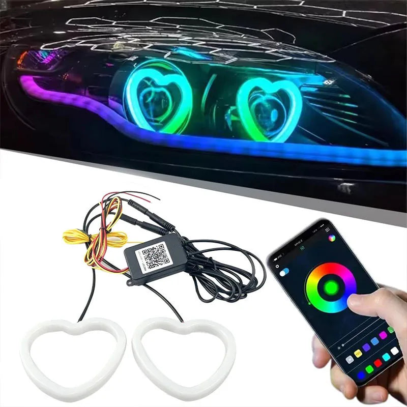 2PCS Car Angel Eyes RGB Cotton Halo Rings 12V Led Headlight DRL Motorcycle Moto Angel Eye Heart Shap