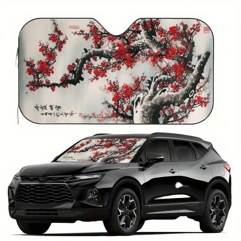 Chinese Plum Flower Sunshade Windscreen 3D Film Plaid Gift Novelty Car Front Window Vi close-up view
