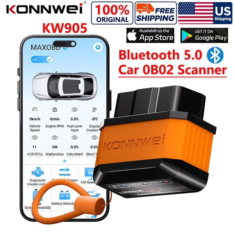 2025 KONNWEI KW905 OBD2 Bluetooth 5.0 ELM327 V1.5 Car Diagnostic Tool Engine Fault Code Reader Scann