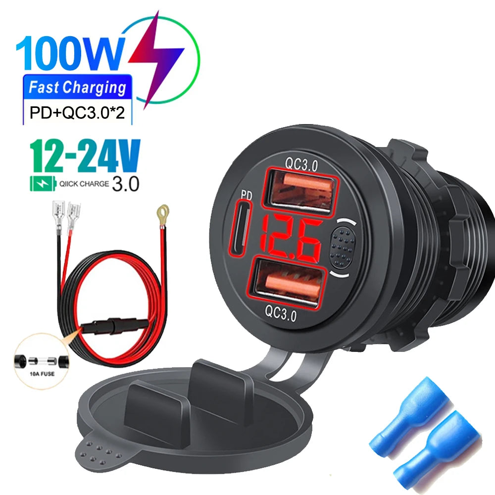 Three Ports Car Charger PD Dual QC3.0 USB Charger Socket with With Digital Voltmeter Button Switch 12V/24V for Motorcycle Car