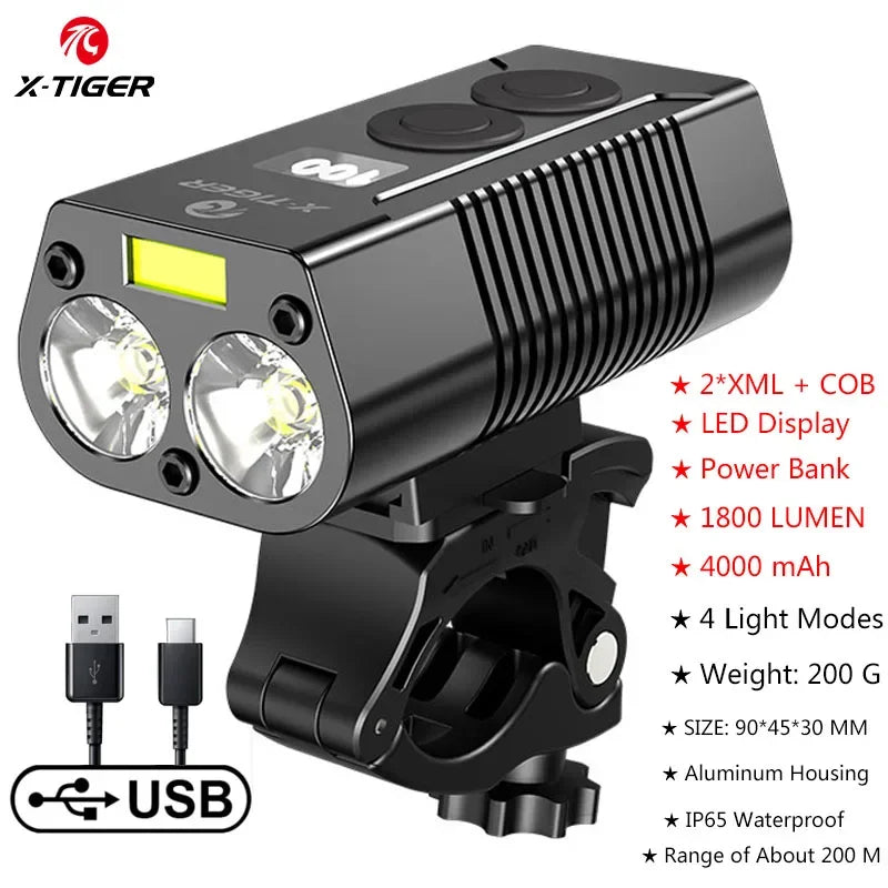 X-TIGER Bike Front Light Set Waterproof MTB Bicycle Lamp 5200mAh USB Rechargeable LED Bi detail view