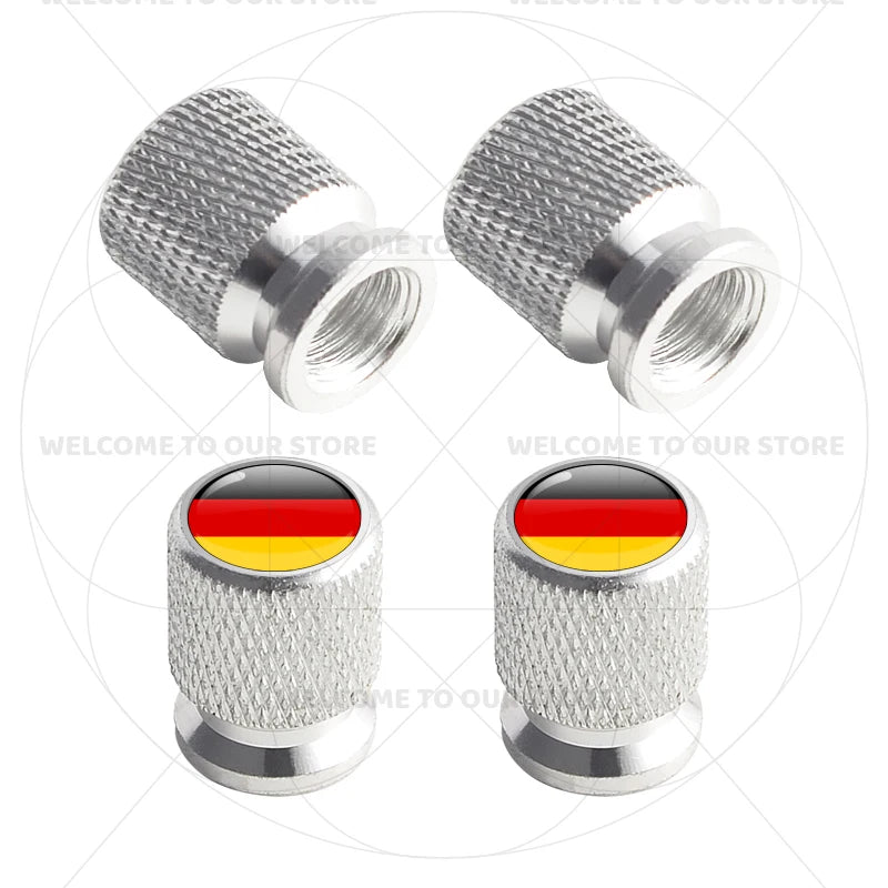 4Pcs Aluminum Motorcycle Car Tire Valve Caps with Germany France Italy Flag Emblems additional angle
