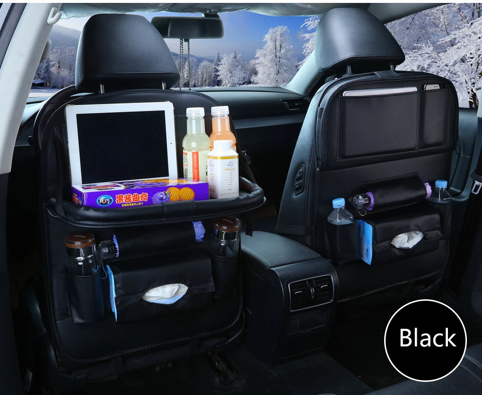 PU Leather Car Seat Back Organizer with Foldable Table