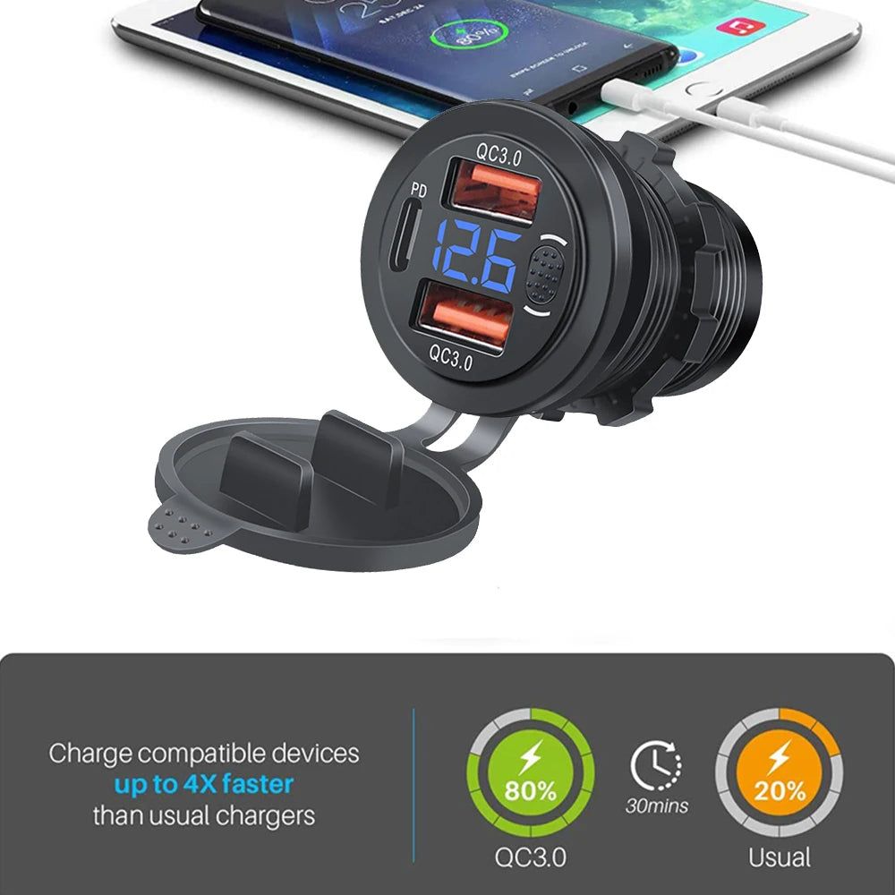 Three Ports Car Charger PD Dual QC3.0 USB Charger Socket with With Digital Voltmeter Button Switch 12V/24V for Motorcycle Car