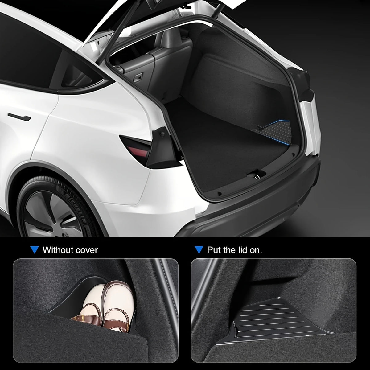 Tesla Model Y 2025 Juniper Left and Right Rear Trunk Storage Box | Lid Partition Organiz detail view