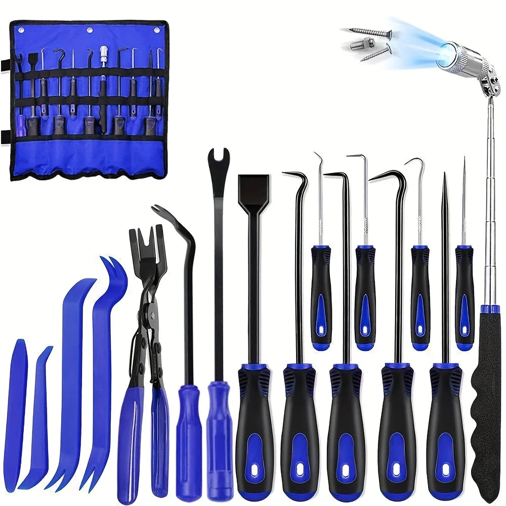 17Pcs Hook and Pick Tool Set with Scraper Auto Clip Removal Plier Fastener Remover Rivets Puller Mec