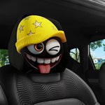 2Pcs Cute Black Coal Ball Car Headrest Covers, Yellow Star Beanie Winking Tongue Out, 2D detail view