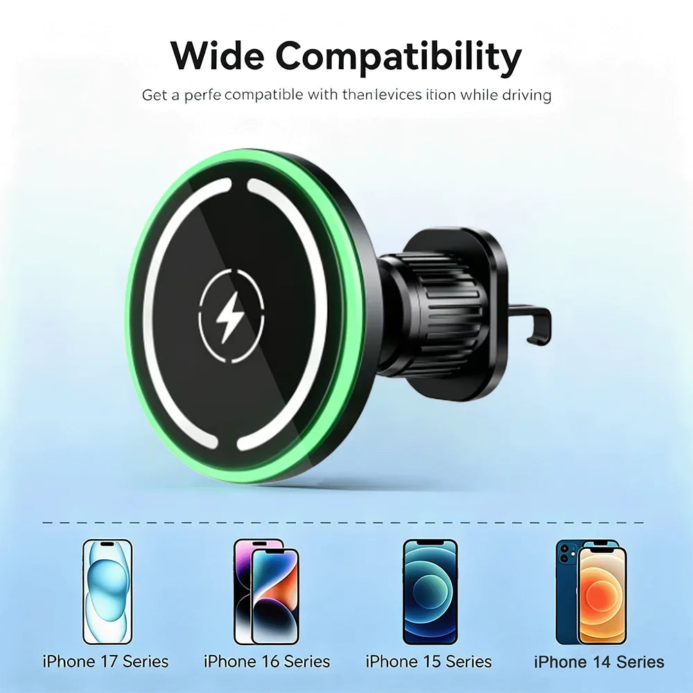 LED Magsafe Car Wireless ChargerSecure Magnetic Mount & Fast Charging Station for Phone 12 to 17 Pro Max