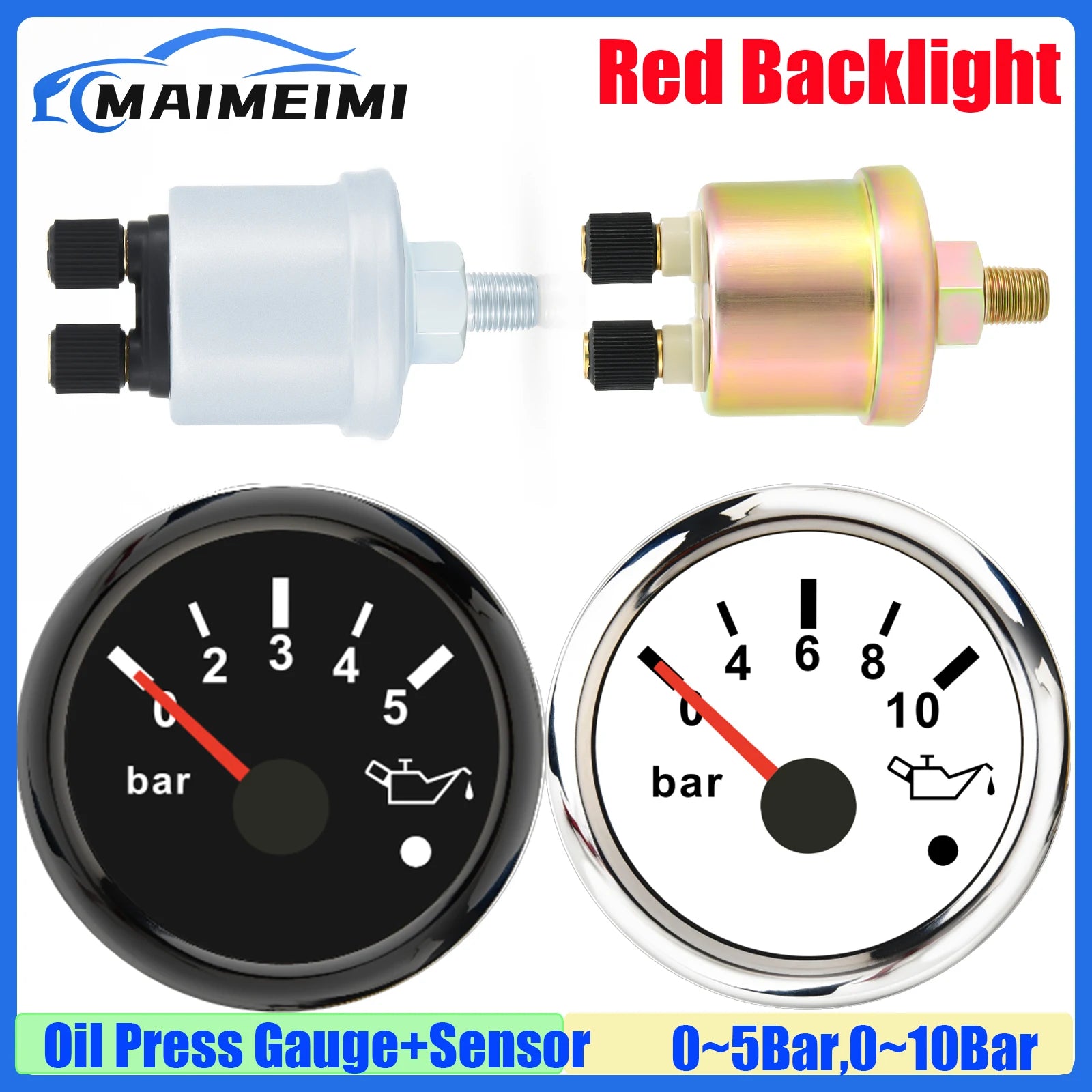 52mm Oil Pressure Gauge with Alarm Red LED | 0-5 Bar 0-10Bar Oil Press Meter with Sensor 1/8NPT 12V2