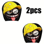 2Pcs Cute Black Coal Ball Car Headrest Covers, Yellow Star Beanie Winking Tongue Out, alternate view