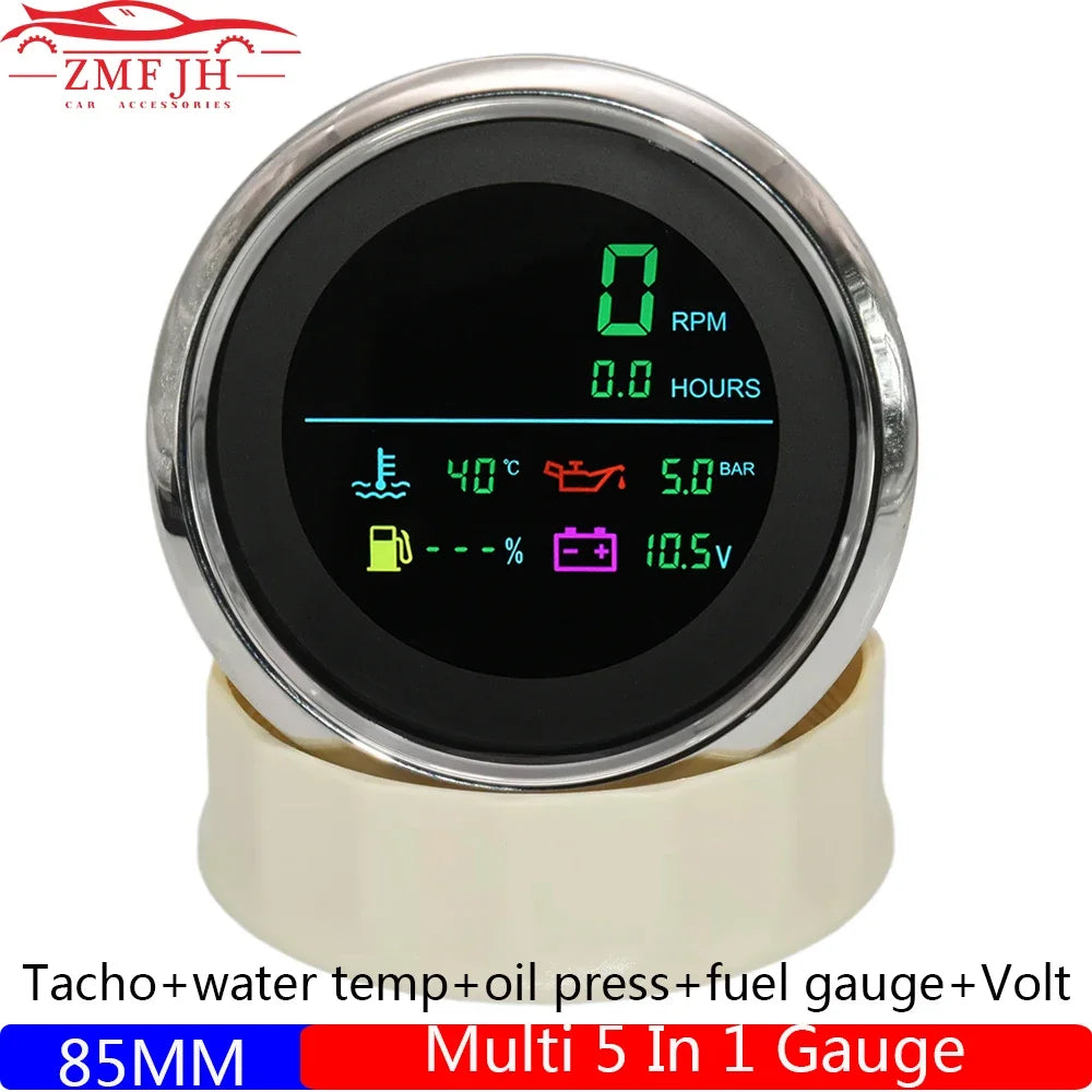 Multi 85mm 6-in-1 Tachometer Gauge Set | Fuel Level, Water Temp, Oil Pressure, Voltmeter for 12V/24V