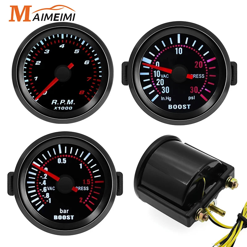 52mm Universal Car Gauge Set | Water Temp Oil Pressure Tachometer Boost Vacuum Voltmeter