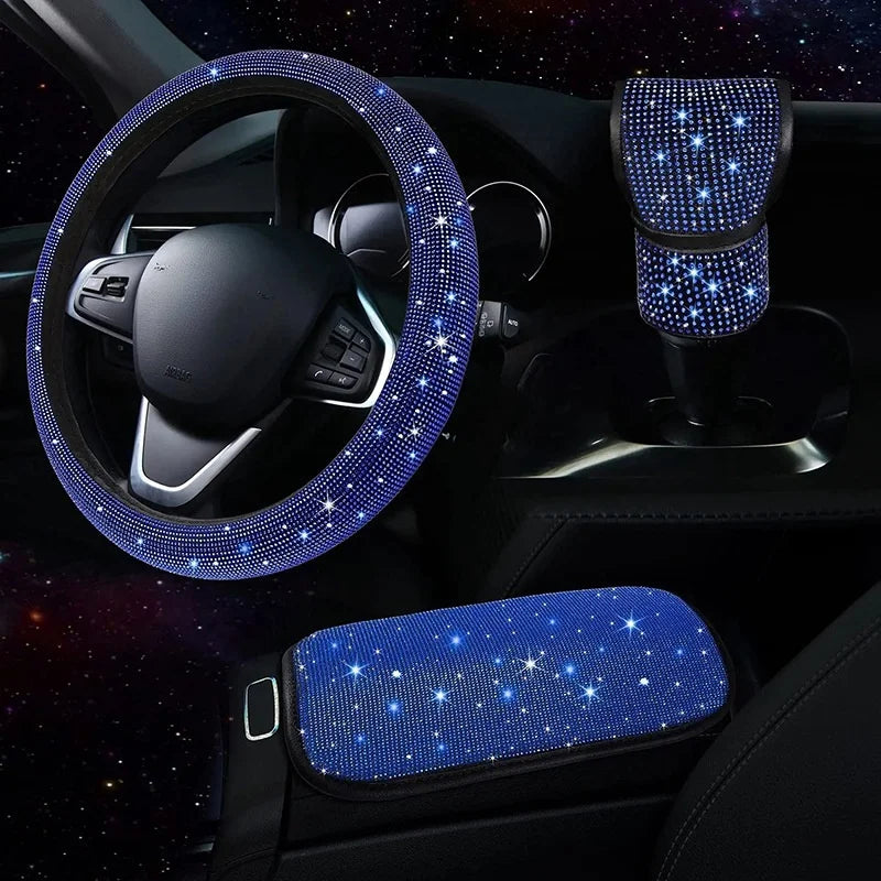 3Pcs Car Accessories Set for Women Steering Wheel Cover Gear Shift Cover Armrest Pad M close-up view