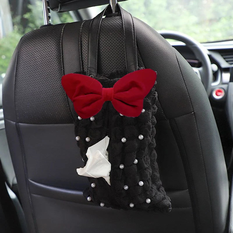 Pretty Girl Pearls Puff Grid Car Tissue Box Auto Seat Headrest Hanging Paper Tower Holder Organizer Car Interior Accessories