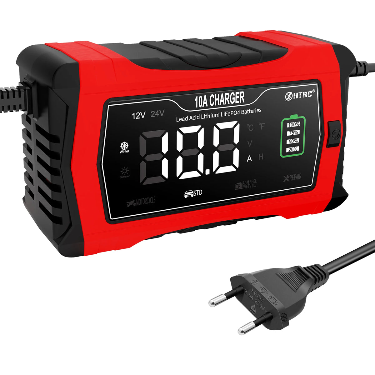 HTRC 20A/15A/10A Car Battery Charger LCD Automatic Pulse Repair Charger for Motorcycle Lead-Acid Lithium LiFePO4 AGM Wet Battery