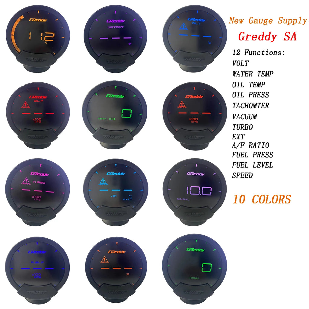 10 Colors Greddi Sirius LCD Racing-Gauge Turbo Speed Volts Water&Oil Temp Oil Press RPM A/F Fuel Ratio No Controller Required