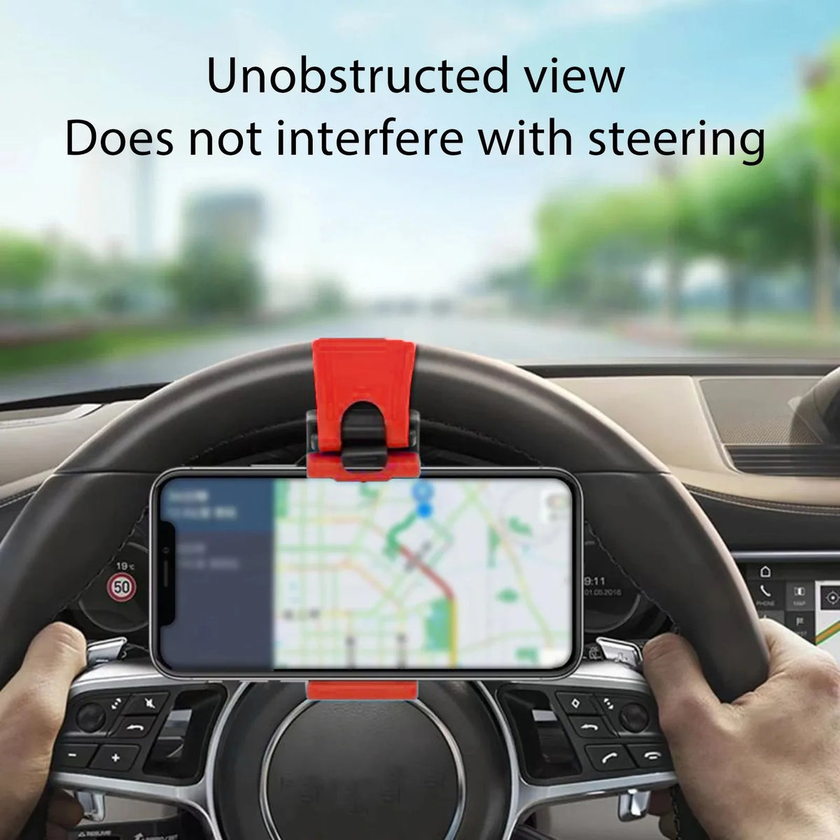 Universal Car Steering Wheel Phone Holder Telescopic Clip close-up view
