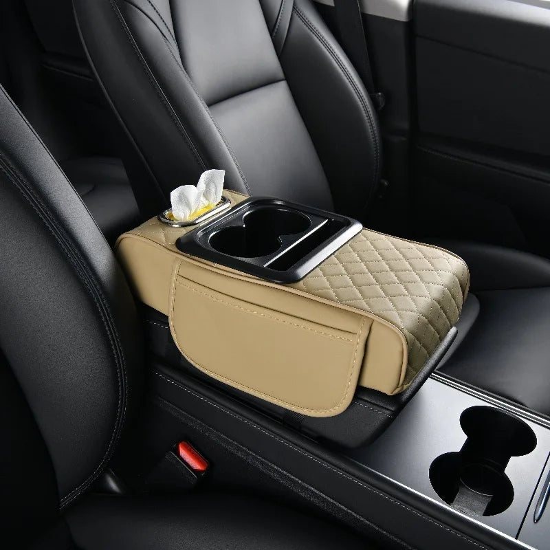 Car Armrest Box 5in1 Car Tissue Box Water Cup Holder Multifunctional Storage Bag Thicken Height Pad Arm Rest Cushion with Pocket