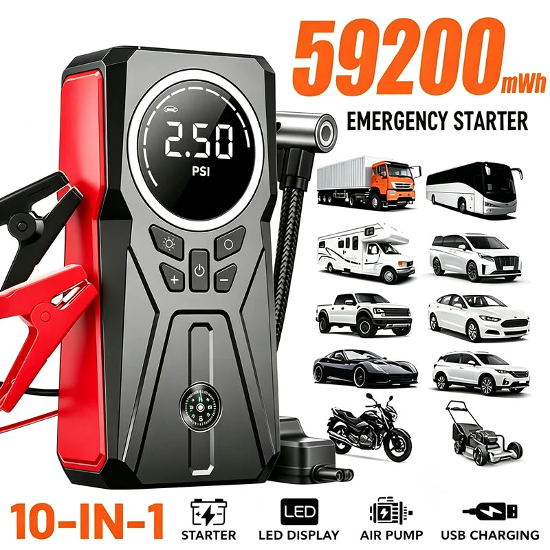 Car Jump Starter with Air Compressor, 180PSI Portable Tire Inflator, 12V Car Battery Jump Box with LCD Digital Display, LED Emergency Light, USB Quick Charge, Smart Jumper Clips for Car Motorcycle