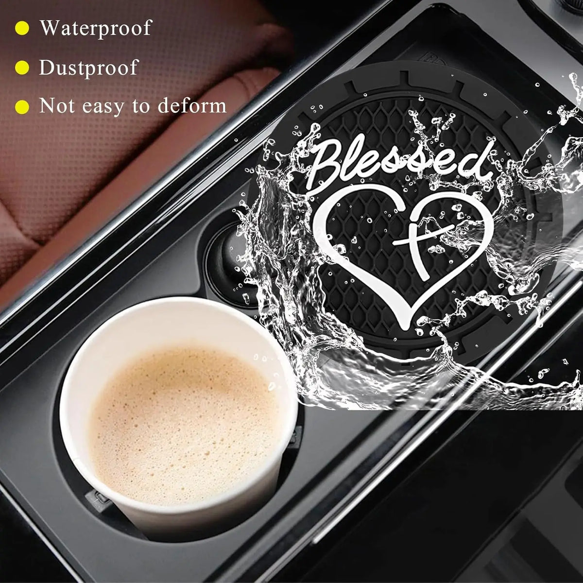 2 PCS Car Cup Holder Coasters, 2.76 Inch Anti Slip Vehicle Drink Mats with Cute Blessed Cross and Heart, Shockproof, Universal C