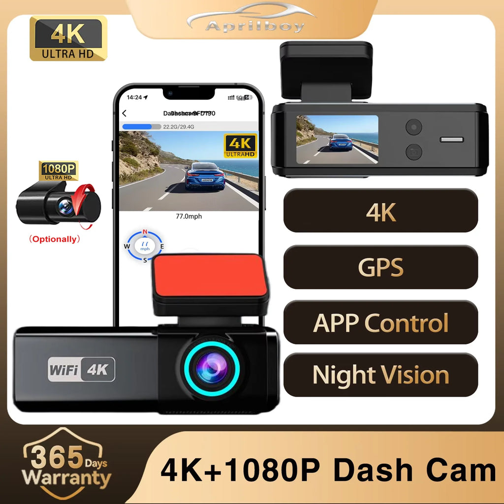 Aprilboy WIFI GPS Car Dash Cam HD 4K Car DVR Front and Rear Dual Lens Auto Car Camera Night Vision G-Sensor 24H Parking Monitor