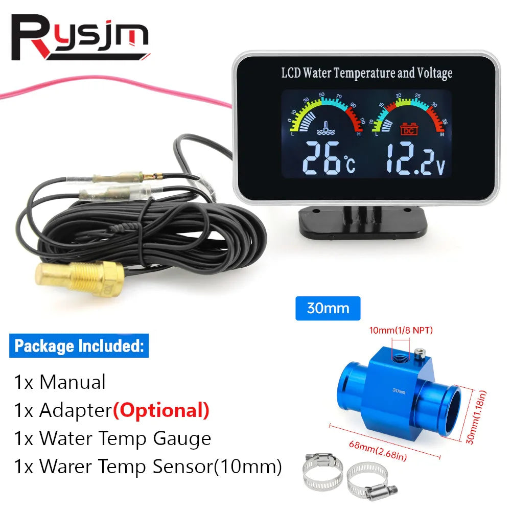 HD Car LCD Water Temperature Meter Thermometer Voltmeter Gauge | 2in1 Temp & Voltage Meter for 12V/2