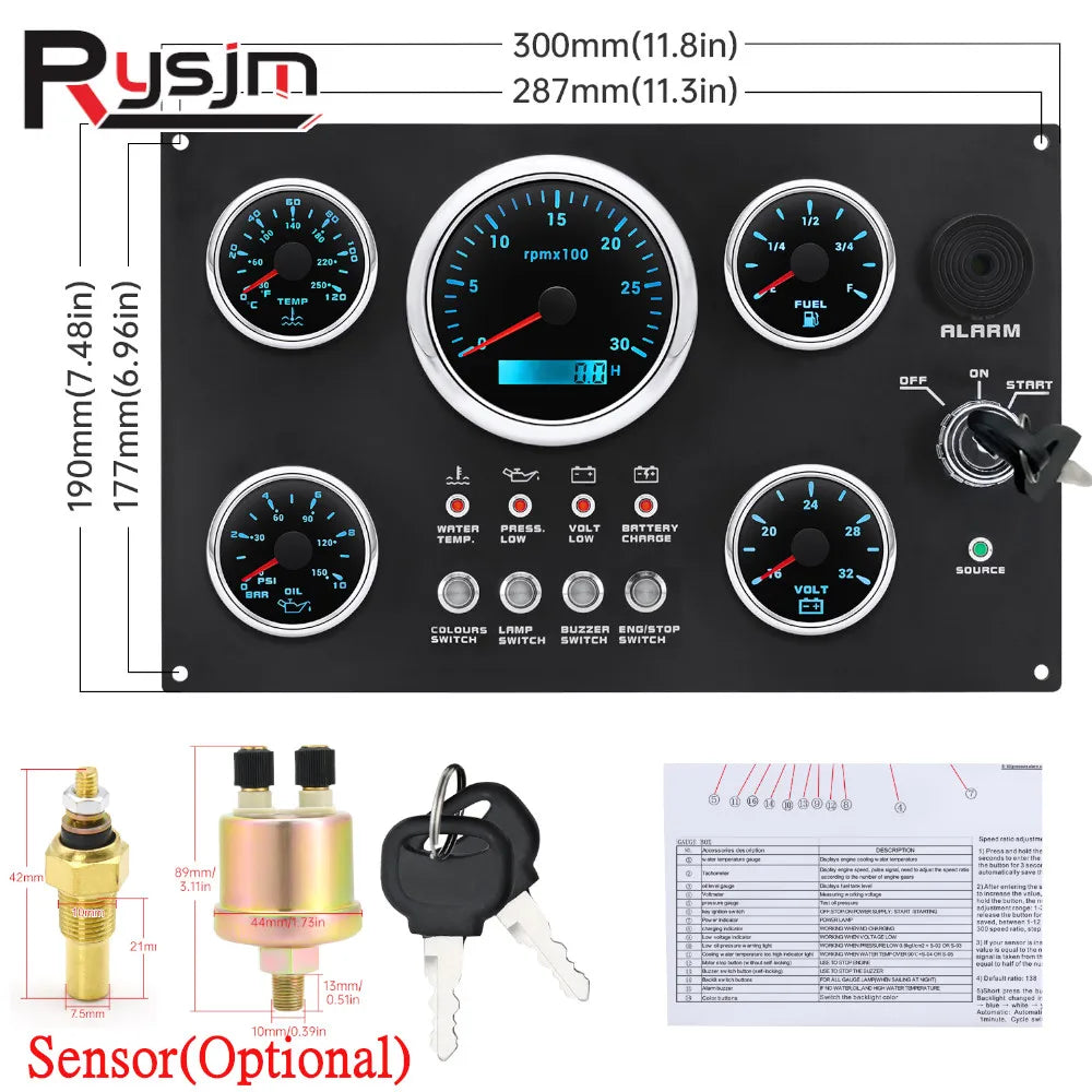 Car Boat Diesel Engine 5 Gauge Instrument Panel Set | GPS Speedometer Tachometer Fuel Oil Pressure V