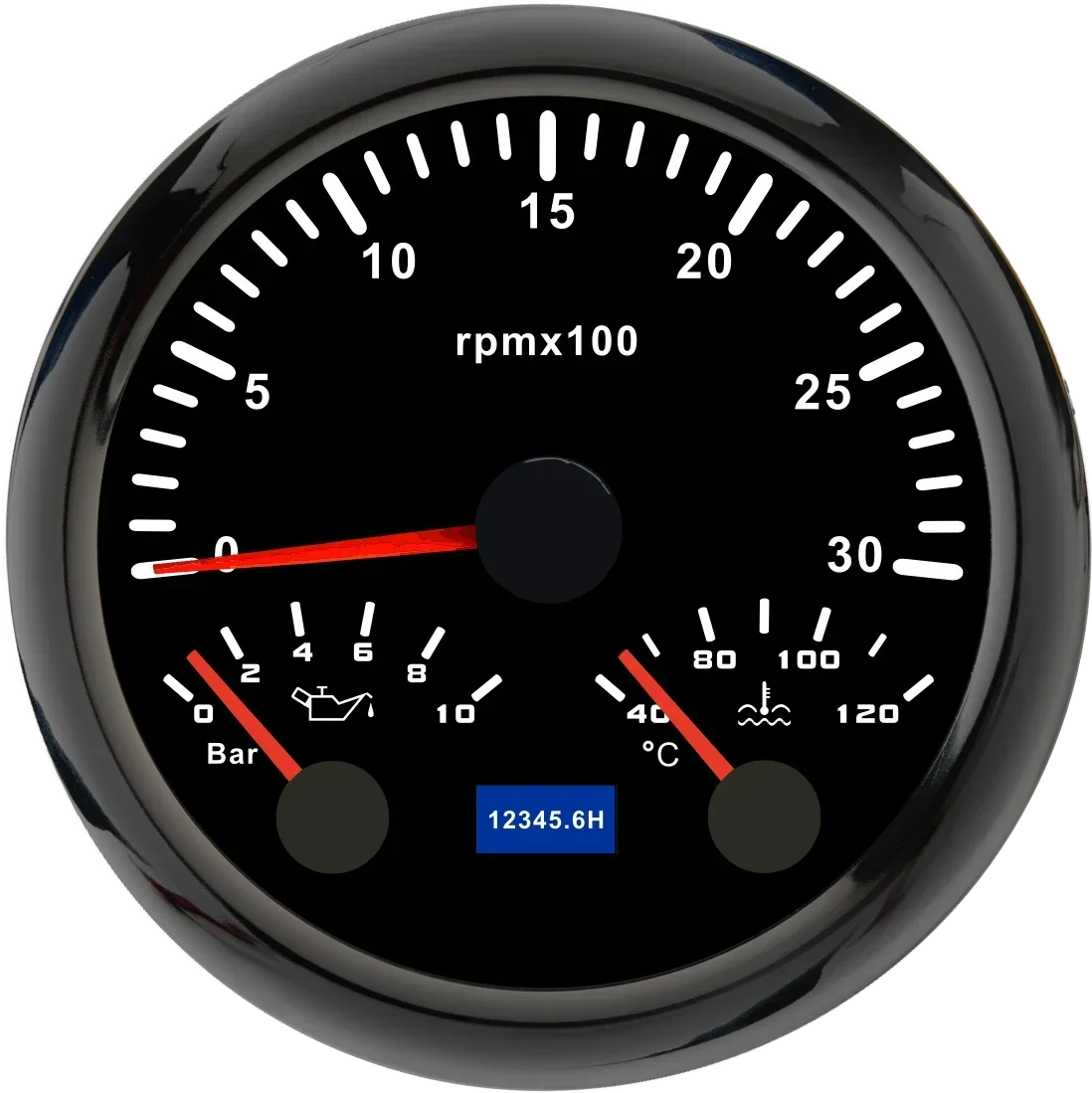 MH 85mm 3-in-1 Gauge Tachometer Water Temp Oil Pressure | 12V Car Boat 8000RPM 7 Color close-up view