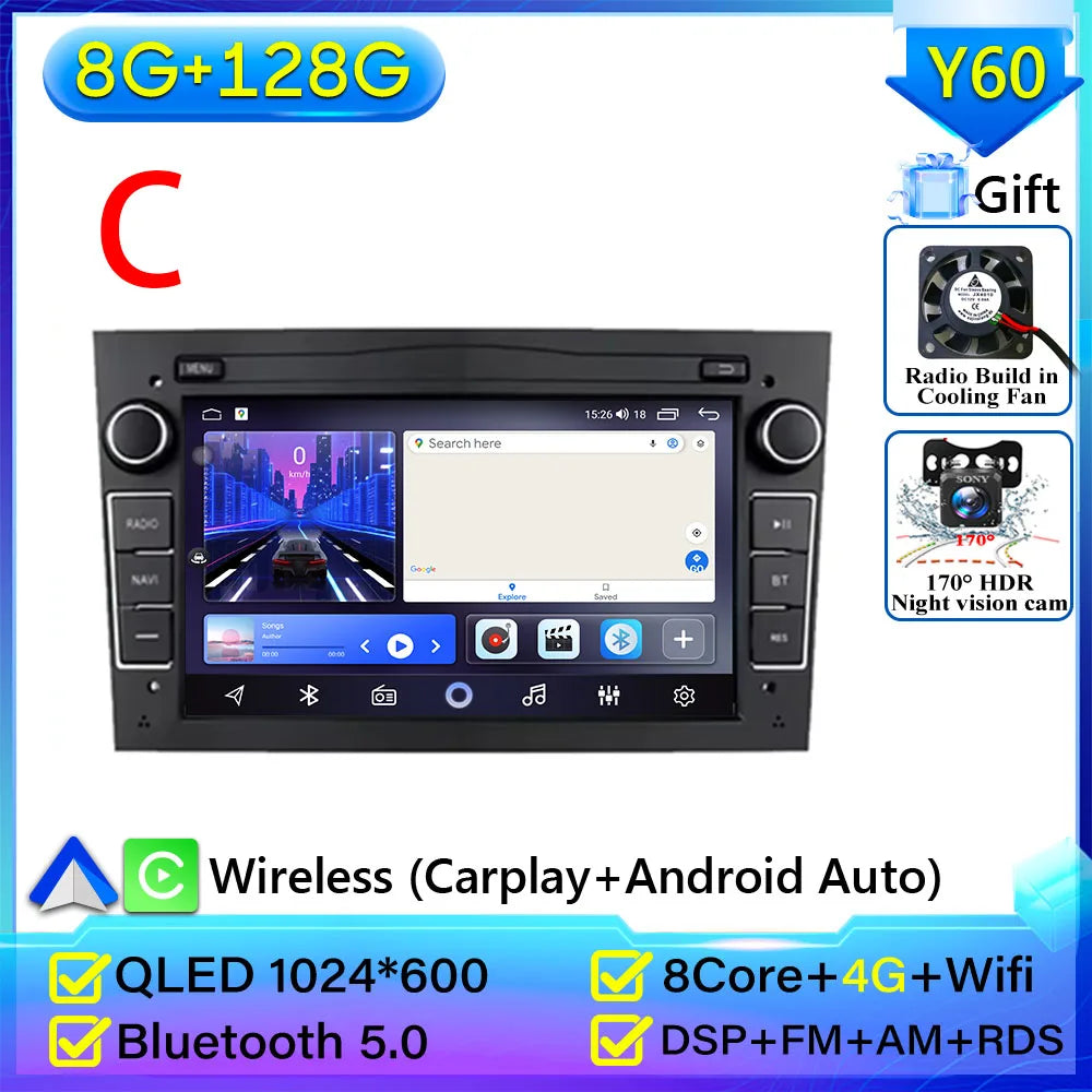 Car Radio Android Auto For Opel Corsa C D Vivaro Astra H J Vectra Antara Zafira Meriva close-up view