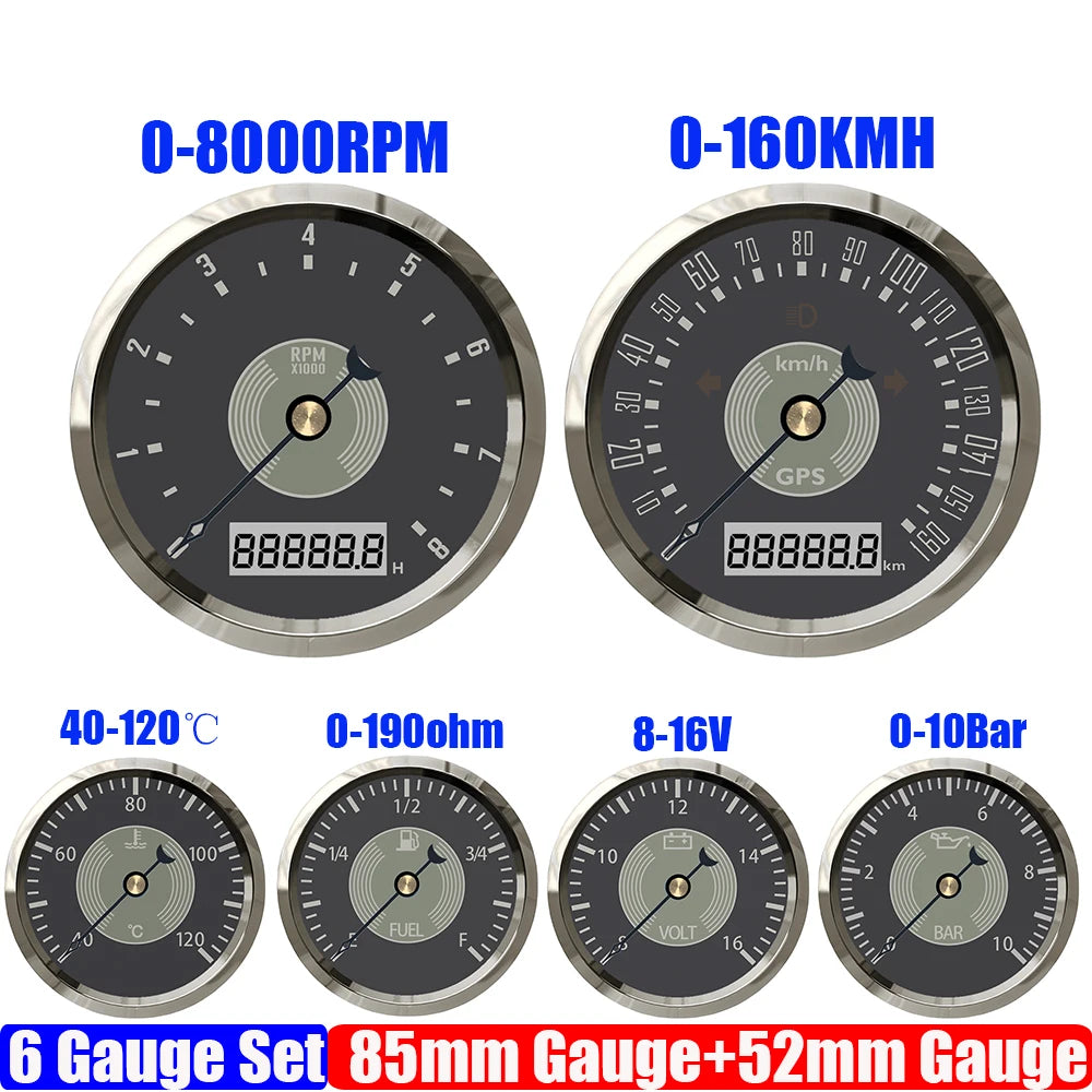 Retro 6 Gauge Set | 85mm GPS Speedometer, 8000RPM Tachometer, and 52mm Water Temp Oil Pr detail view