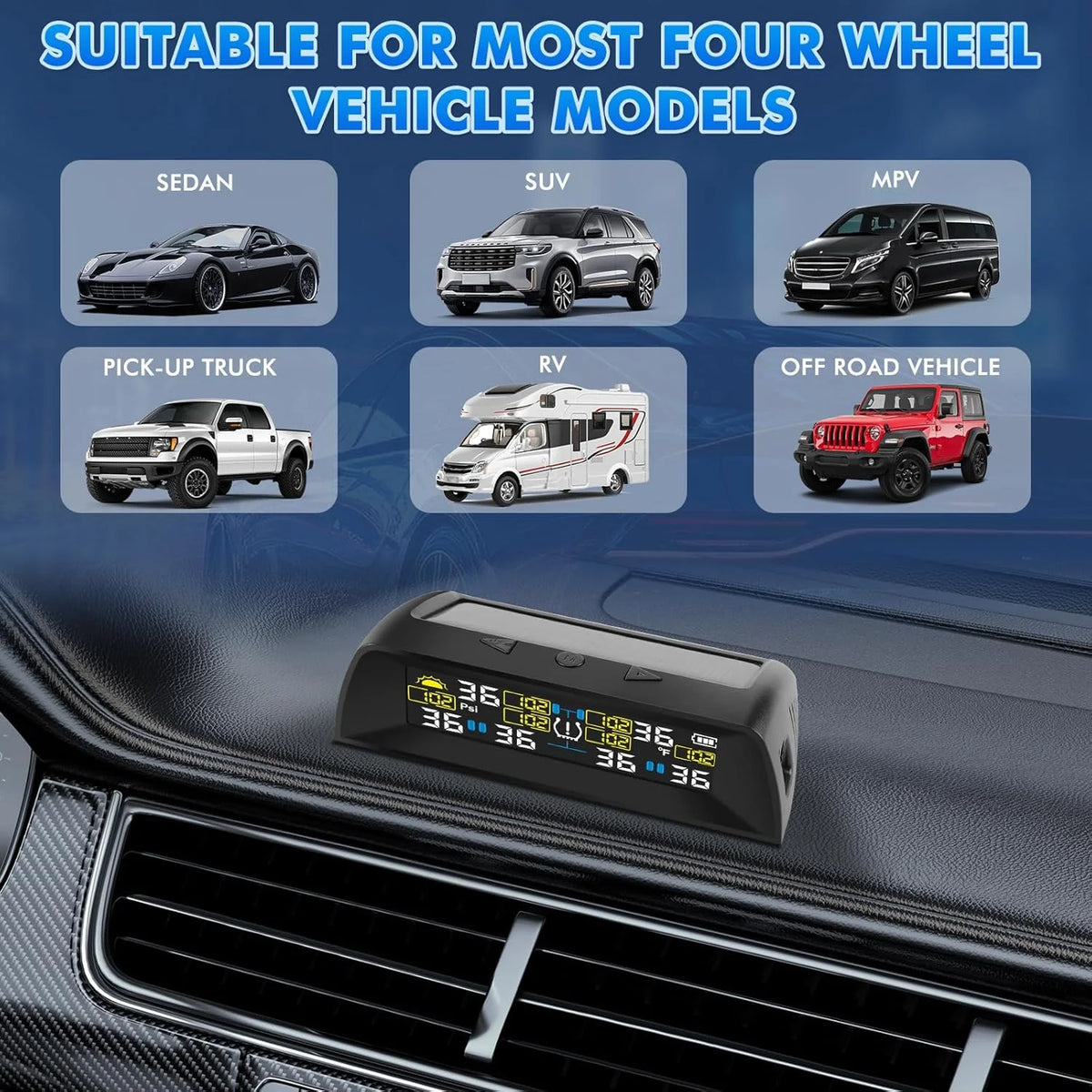 4/6 Sensors TPMS Tire Pressure Monitoring System | Solar Wireless Car Tire Pressure Mo close-up view