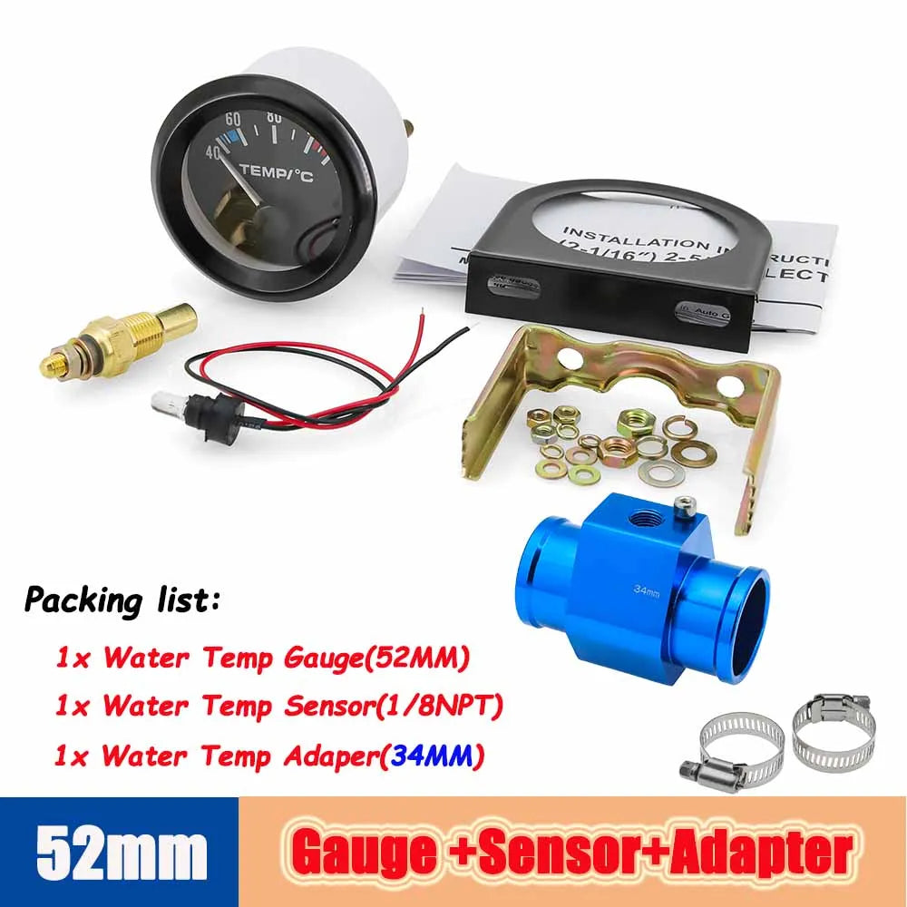 40-120 Celsius Car 52mm Water Temperature Gauge with Adaptor Joint Pipe | Racing 12V Rad detail view