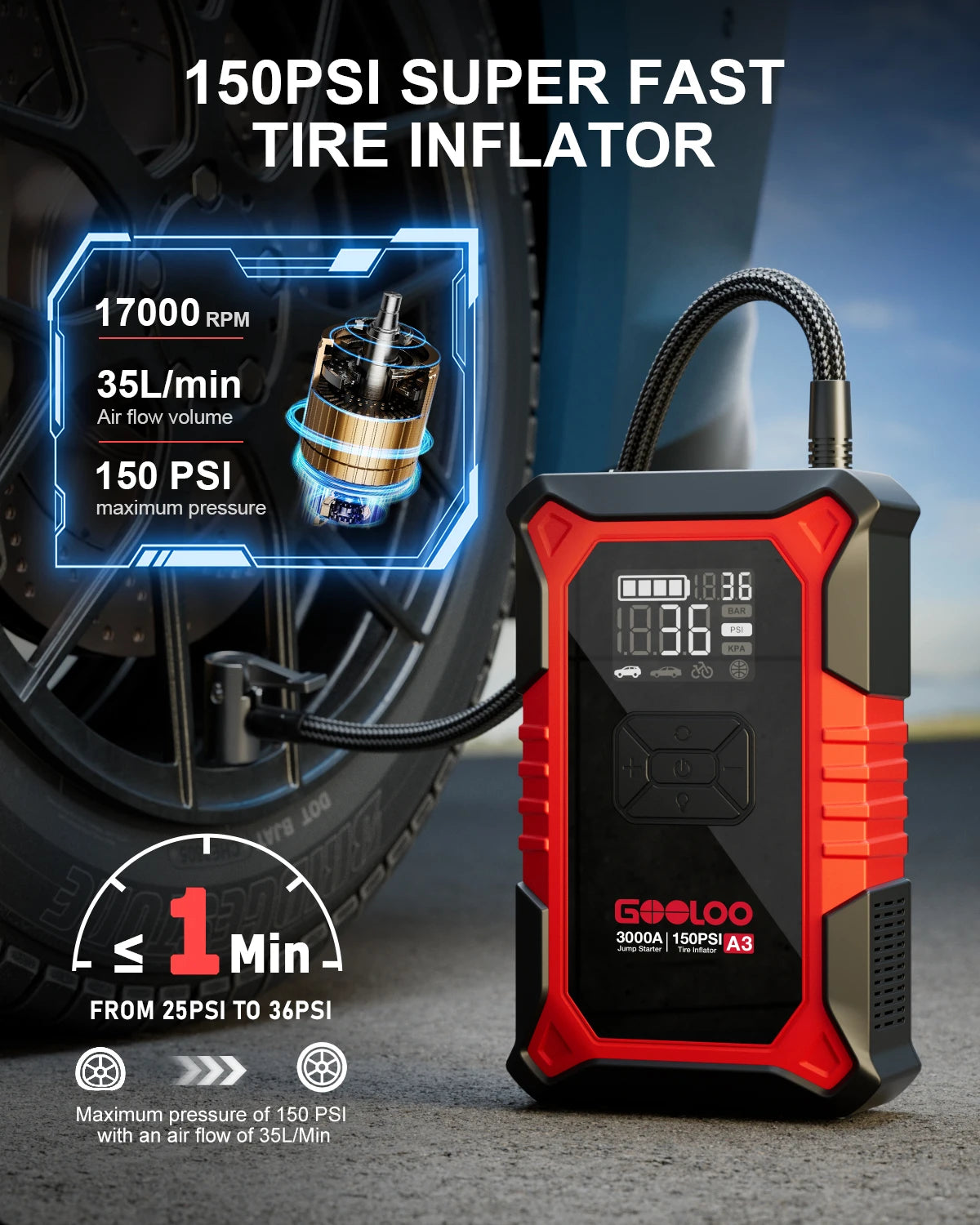 GOOLOO A3 Jump Starter with Air Compressor | 3000A Portable Car Battery Booster and Tire detail view