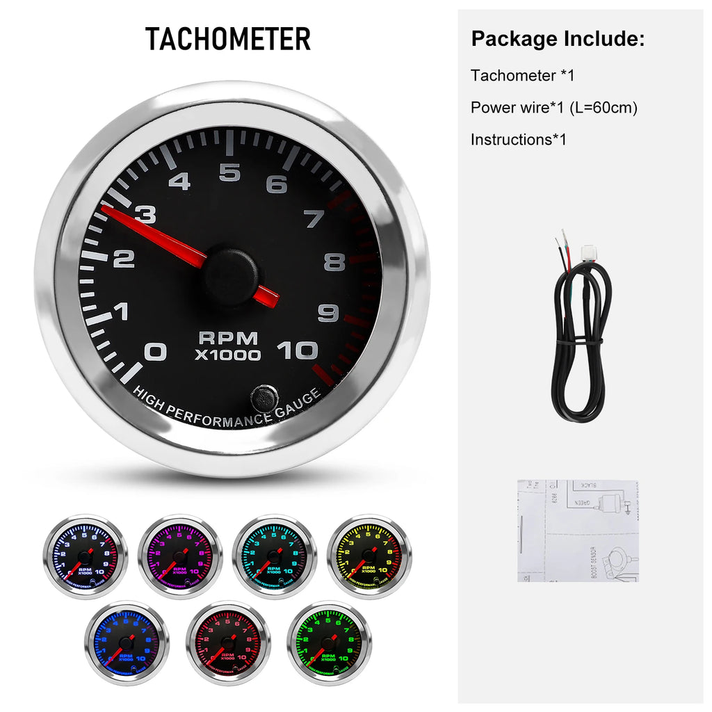 2'' 52mm 12V 7 Colors Car Boost Water Temperature Oil Temperature Oil Press Air fuel ratio Voltmeter EGT Tachometer RPM Gauge