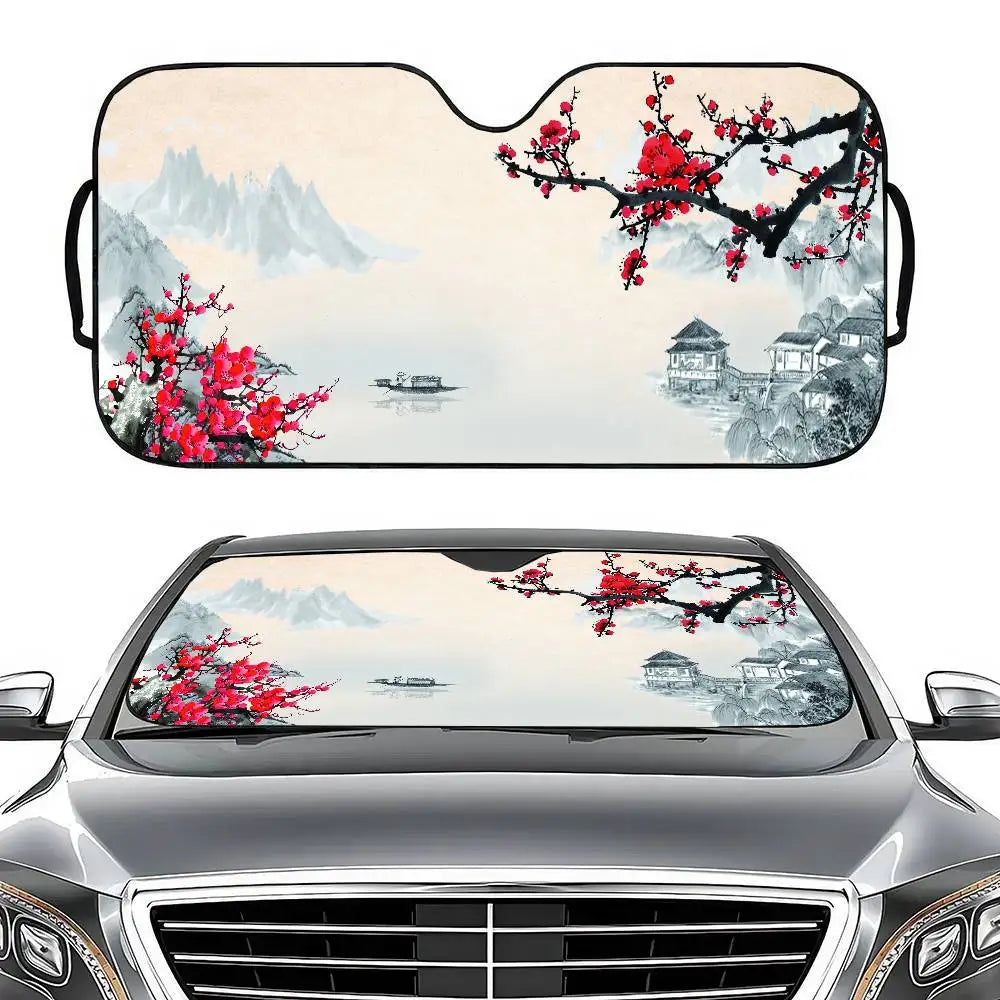 Chinese Plum Flower Sunshade Windscreen 3D Film Plaid Gift Novelty Car Front Window Visor 70x130cm S