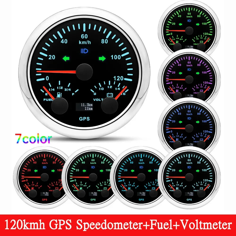 HD Customized 85MM 3 IN 1 Gauge 120kmh 120MPH GPS Speedometer Fuel Gauge Voltage Voltmeter Tachometer RPM Sesnor With Antenna